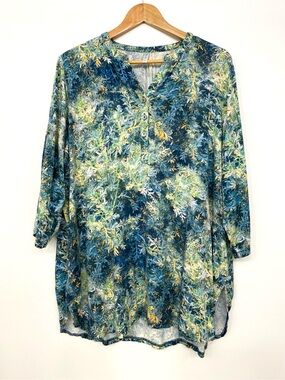 Blue Sky Clothing Fair Trade Botanical Tunic Blouse Blue Green V-Neck Women’s L